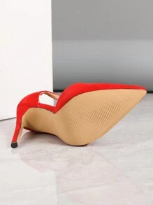 Women Suede Deer Skin Ribbon & Button Decor Stiletto High Heel Pumps, New Style For 2024, Red Color