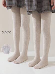 2 piezas Leggings para niñas, unicolor - caqui, beige, blanco, ajustados, a rayas, estilo universitario, estilo princesa, mallas de largo completo, aptos para uso diario, otoño/invierno - Multicolor - Ver 11