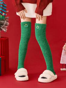 1 Cặp tất lông cừu san hô cao đến đùi cho nữ, màu xanh lá cây, dày ấm áp cho mùa thu/đông, thích hợp cho lễ Giáng sinh - màu xanh lá - Xem 2