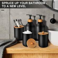 5 Pcs Black Bathroom Accessories Set With Plastic Soap Dispenser And Toothbrush Holder Set, Qtip & Cotton Ball Holder, Black Bathroom Set, Boho Bathroom Decor Bathroom Organizer Storage Back To School