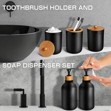5 Pcs Black Bathroom Accessories Set With Plastic Soap Dispenser And Toothbrush Holder Set, Qtip & Cotton Ball Holder, Black Bathroom Set, Boho Bathroom Decor Bathroom Organizer Storage Back To School