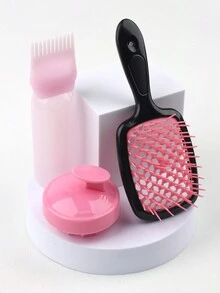 3件套头皮按摩梳套装，包含洗发水瓶、梳齿染发剂瓶、柔软硅胶头部按摩器、网状镂空梳，防静电，弹性按摩，促进血液循环，浴室用品，干湿两用 - 彩色 - 查看 2