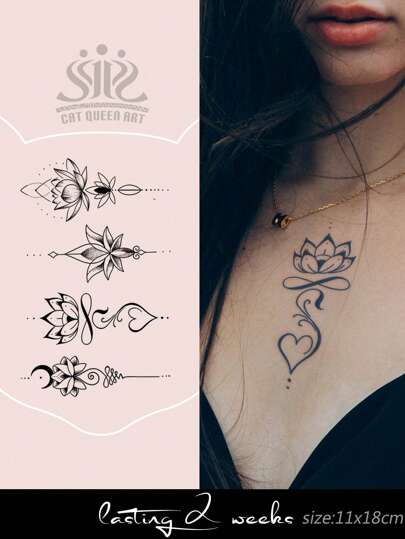 1pc Herbal Juice Semi-Permanent Magic Tattoo Sticker, Creative Lotus Floral Pattern, 7-14 Days Waterproof, Shoulder, Neck, Collarbone, Body Temporary Tattoo