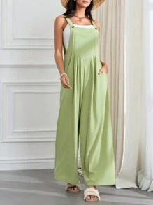 Womens Summer Solid Bib Pants Overalls Loose Baggy Wide Leg Long Pants Beach Jumpsuits Rompers For Women With Pockets