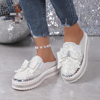 Women's Bowknot Sparkling Flat Sandals, Threaded, Holiday Style, Thick-Soled Half-Pack Slippers, Summer