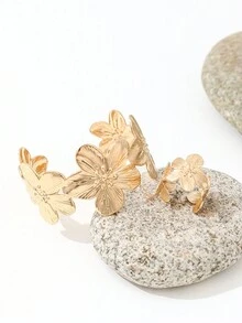 2 件/套精致花卉装饰粗戒指和金手镯，适合女性晚会/参加派对/鸡尾酒会以及节日佩戴粗珠宝配饰 - 金黃色 - 查看 2