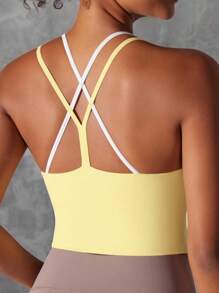 Women's Double Strap Athletic Crop Tank Top With Built In Bra - 黃色 - 查看 2