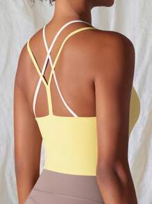 Women's Double Strap Athletic Crop Tank Top With Built In Bra - 黃色 - 查看 4