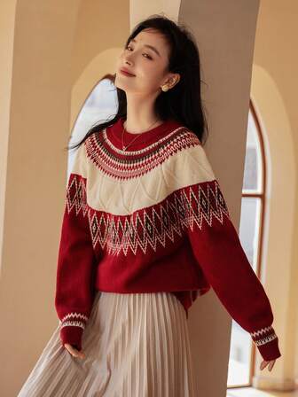 VICTORIA&VERA Autumn/Winter New Arrival Christmas Vibe Diamond Jacquard Contrast Color Loose Fit Casual Knit Sweater, Red,Long Sleeve Tops