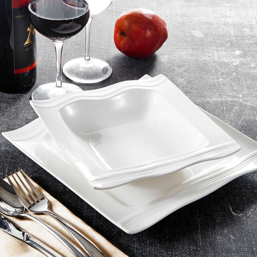 12 Pcs Porcelain Dinnerware Set, White Set, Square Plates With