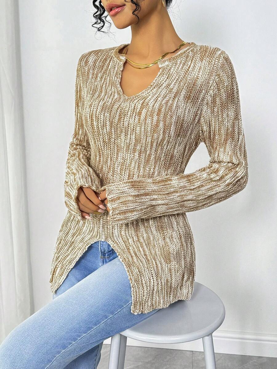 休闲花卉印花长袖锁眼领套头衫 - 卡其色 - 查看 1