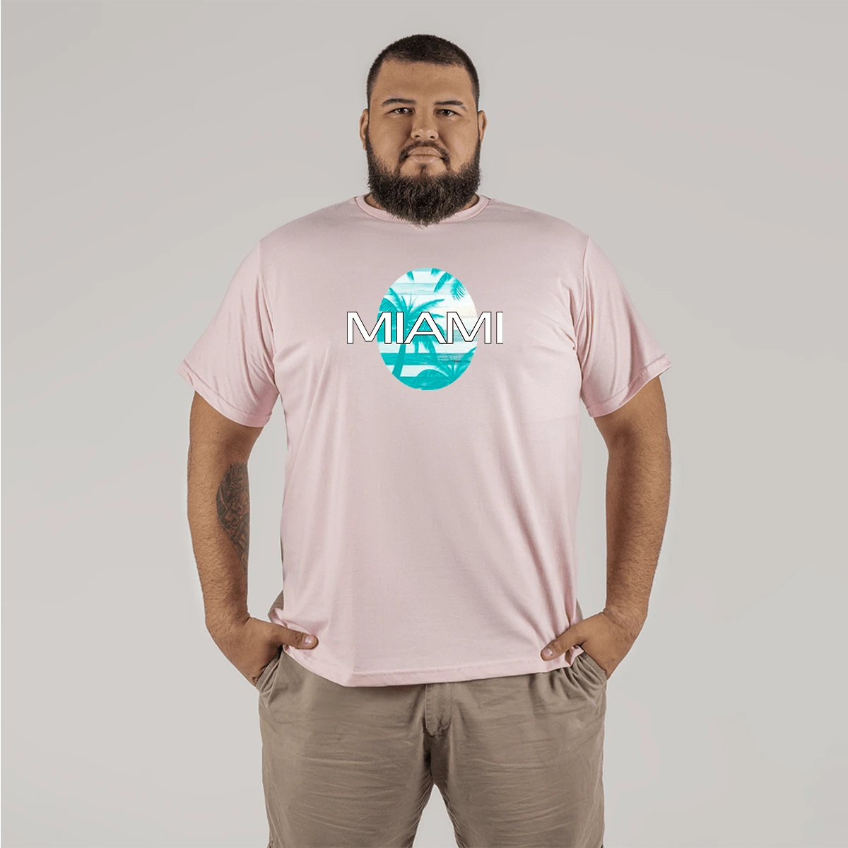 100% Cotton Plus Size Printed T-Shirt Large Shape Street Miami Comb Model - Baby Pink - View 1
