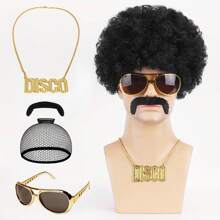 Peruka afrykańska męska 4 części zestaw {Peruka + okulary + naszyjnik disco + broda} Peruka kostiumowa disco z lat 70. i 80. męska naturalna puszysta krótka kręcona - Wielokolorowe - Zobacz 8