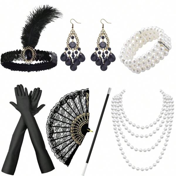 Conjunto de 9 piezas de accesorios elegantes y sexys de estilo vintage años 20 para mujer, que incluye diadema de plumas, collar de perlas, guantes, abanico de encaje, joyas para la mano, perfecto para fiestas Gatsby, bailes de máscaras, eventos y bailes de graduación