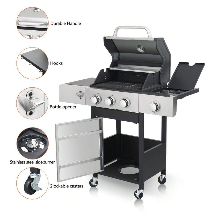 3Burner Propane Gas BBQ Grill With Side Burner, 37230BTU Output With