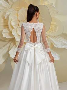 Graceful Women's Solid-Color Style Lace Splice V-Neck Polka Dot Long Sleeve Evening Dress, Wedding Gown For Bride - White - View 4