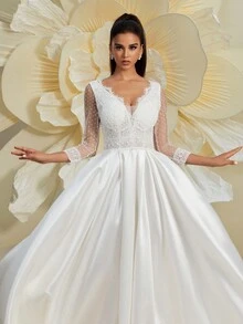 Graceful Women's Solid-Color Style Lace Splice V-Neck Polka Dot Long Sleeve Evening Dress, Wedding Gown For Bride - White - View 6