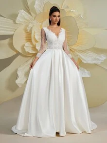 Graceful Women's Solid-Color Style Lace Splice V-Neck Polka Dot Long Sleeve Evening Dress, Wedding Gown For Bride - White - View 3