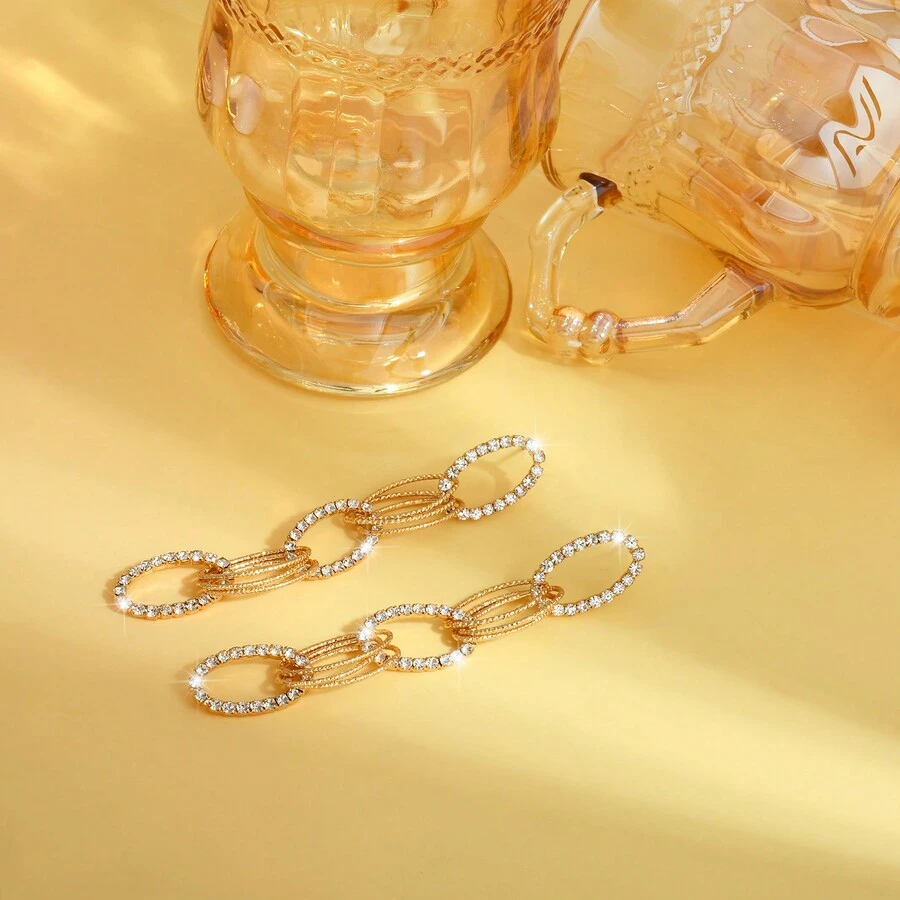 1 对女士时尚流苏耳环，水钻椭圆形多层圆环链吊坠耳环，时尚长链吊坠耳环适合圆脸，显瘦 - 金色 - 查看 1