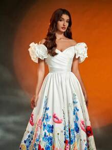 Anymoon 花卉印花露肩长款晚礼服，白色正式舞会礼服，婚礼宾客派对礼服 - 白色 - 查看 7