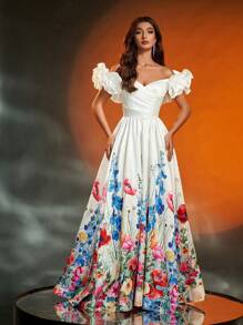 Anymoon 花卉印花露肩长款晚礼服，白色正式舞会礼服，婚礼宾客派对礼服 - 白色 - 查看 5