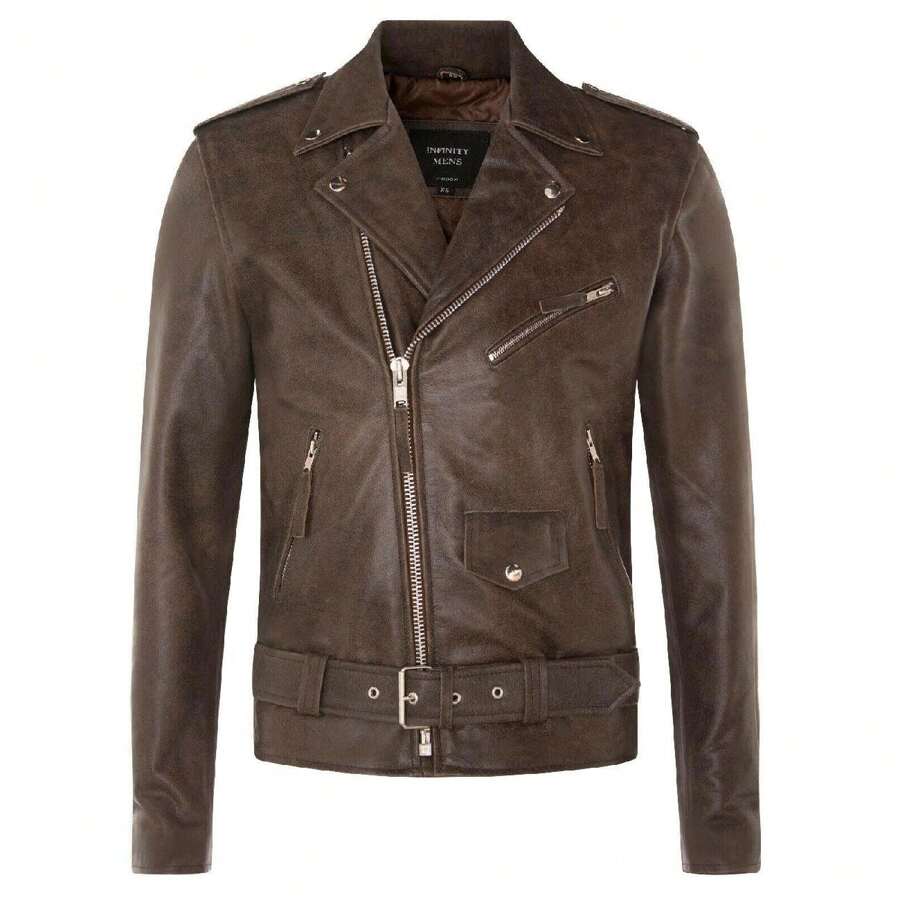 Mens Cow-Hide Black Brando Jacket -Venice - 復古棕色 - 查看 1