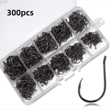 300 个小号高碳钢倒刺鱼钩，10 种尺寸，便携式盒装鱼钩适用于各种钓鱼环境 - 銀色 - 查看 1