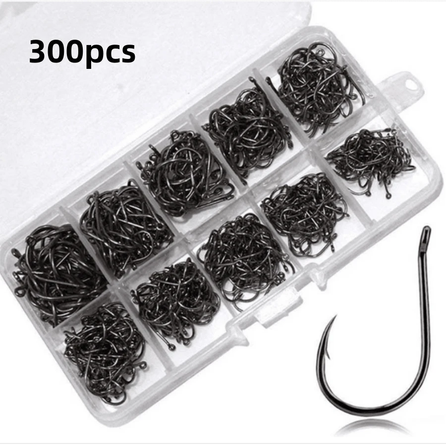 300 个小号高碳钢倒刺鱼钩，10 种尺寸，便携式盒装鱼钩适用于各种钓鱼环境 - 銀色 - 查看 1