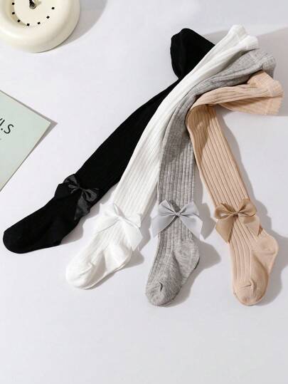 4双/包 女婴蝴蝶结装饰竖条纹连裤袜，适合学生搭配校服
