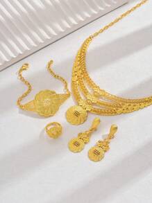 5 pièces Parure de bijoux de style Dubai Luxe : boucles d'oreilles, collier, bracelet, bague en forme d'étoile dorée et de goutte d'eau pour femmes. Accessoires de mode européenne et américaine pour fêtes et banquets. Convient pour assister à des banquets, festivals et fêtes.
