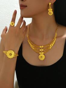 5 pièces Parure de bijoux de style Dubai Luxe : boucles d'oreilles, collier, bracelet, bague en forme d'étoile dorée et de goutte d'eau pour femmes. Accessoires de mode européenne et américaine pour fêtes et banquets. Convient pour assister à des banquets, festivals et fêtes.