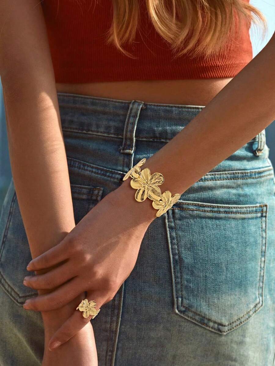 2 件/套精致花卉装饰粗戒指和金手镯，适合女性晚会/参加派对/鸡尾酒会以及节日佩戴粗珠宝配饰 - 金黃色 - 查看 1