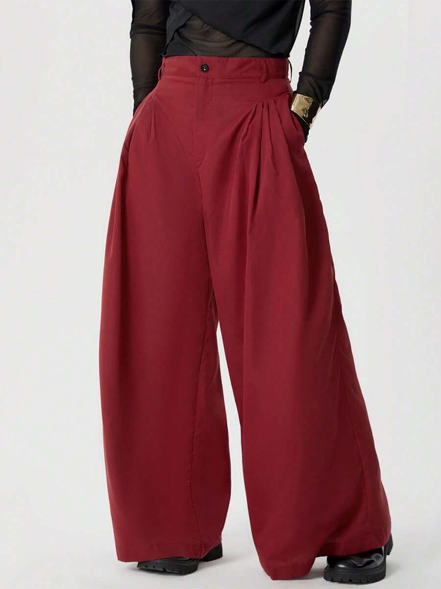 INCERUN Fashion Mens High Waist Zipper Pleated Holiday Casual Loose Wide Leg Trousers Bottoms Palazzo Culotte Long Pants