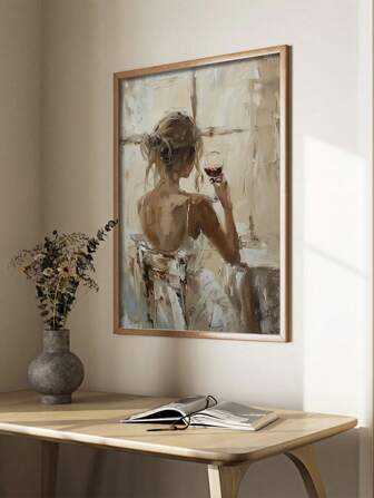 1st neutral beige väggkonst: kvinna med vinglasduk - för vardagsrumsinredning, oinramad