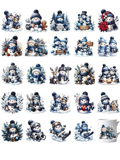4 Sheets Christmas Cute Blue Snowman 24 Patterns DIY UV DTF Rub On Transfer Stickers Crafts, Junk Journal, Tumbler Glass Jars, Coffee Mugs Cup Wraps Decor, Bottles Vase, Laptops Phone Cases, Greeting Cards Decal Stickers, Illustration, Scrapbooking, Xmas Ornament Transfer Stickers, Party Home Decor