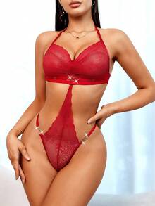 1 Piece Sexy Sheer Red And Black Lingerie Set With Metal Chain Flower Texture Mesh - Black and Red - View 3