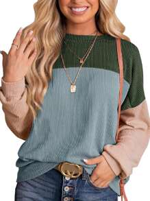 Long Sleeve Shirts For Women Cute Color Block Tops Casual Waffle Knit Shirt - Army Green - View 1
