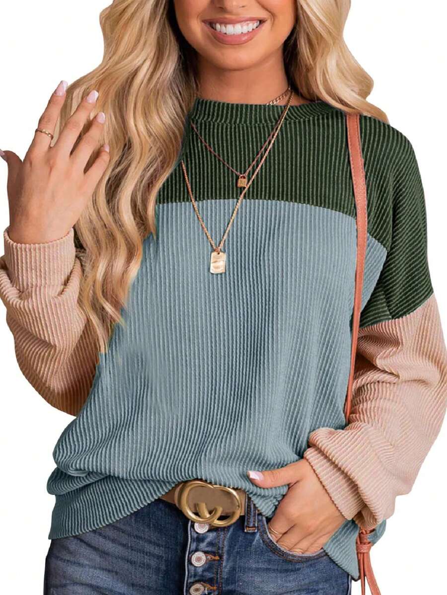 Long Sleeve Shirts For Women Cute Color Block Tops Casual Waffle Knit Shirt - Army Green - View 1