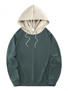 男士新款时尚连帽衫，休闲日常连帽抽绳羊毛纯色运动衫，正面有袋鼠口袋，男士套头衫