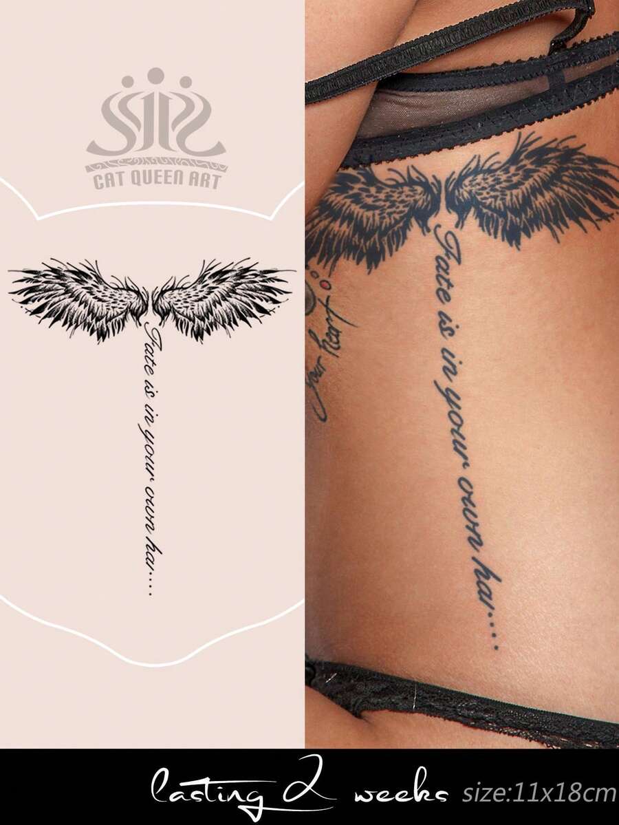 1pc Herbal Juice Semi-Permanent Vintage Realistic Creative Winged Short Phrase "Fate Is In Your Own Hands" Pattern 7-14 Days Waterproof Non-Reflective Large Arm/Leg/Chest/Back Temporary Tattoo Sticker - Blue - View 1