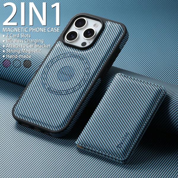 Denior Funda magnética 2 EN 1 compatible con las series de compatible con iPhone 16/ 15/ 14/ 13, con una cartera magnética que tiene 2 ranuras para tarjetas donde se pueden insertar de 2 a 4 tarjetas, compatible con carga inalámbrica y MagSafe, con patrón de trenzado de carbono y piel sintética, compatible con el compatible con iPhone 16 ProMax, hecho a mano