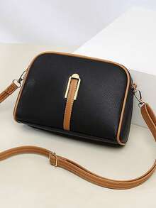 1 件女式黑色字母印花撞色多口袋优雅单肩手提包，时尚休闲通勤和短途旅行手提包 - 黑色 - 查看 2