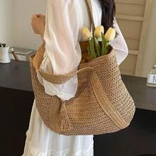 Seaside Vacation Straw Bag Large Capacity Shoulder Bag Portable Woven Beach Bag - 棕色 - 查看 1