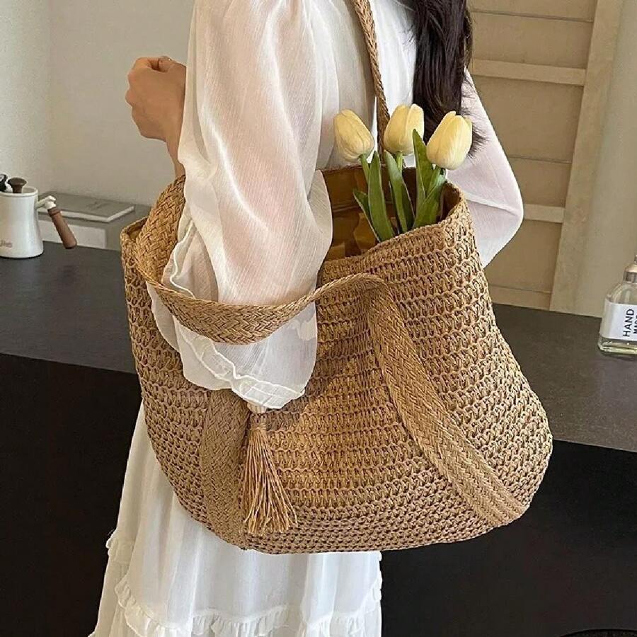 Seaside Vacation Straw Bag Large Capacity Shoulder Bag Portable Woven Beach Bag - 棕色 - 查看 1