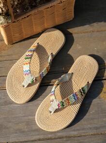 Women Simple And Fashionable Fabric Comfortable Flat Slippers, Cross Toe Indoor Flip Flops, Beach Shoes For Vacation Or Parties - Multicolor - View 5