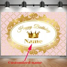 (Customized) 1pc Personalized Golden Crown & Pink Glitter Princess Party Background, Birthday, Wedding, Christening Photography Backdrop, Customizable Text - Multicolor - View 2