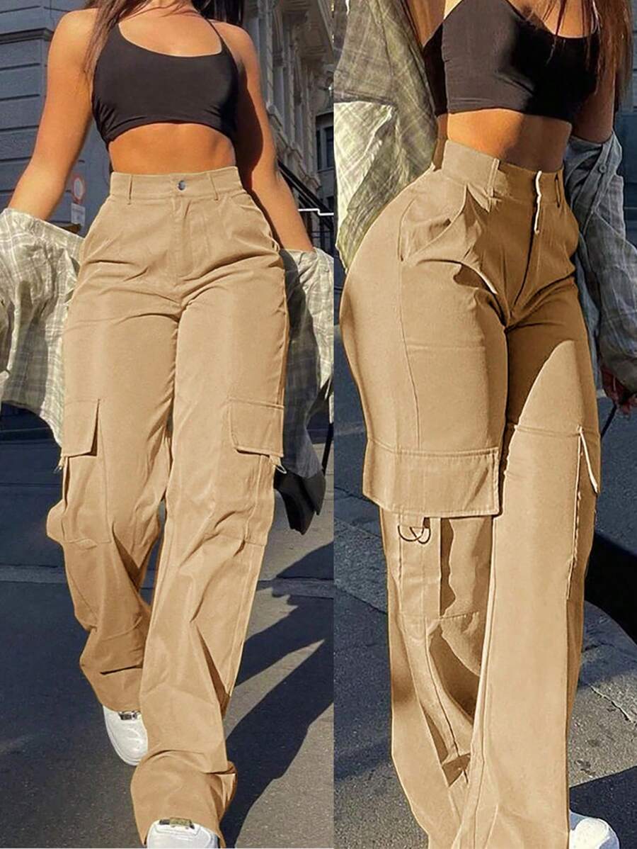 Pantalones cargo casuales de pierna ancha recta con bolsillos, cintura elástica, estilo de trabajo, color caqui, Y2K, para primavera - Caqui - Ver 1