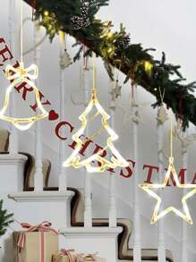 3 件 - 暖黄色窗饰 - 带铃铛、树、五角星形 LED 吸盘灯的装饰，7.8 * 6.3 英寸，电池供电树壁炉窗饰适用于室内/室外树、壁炉、窗户、婴儿房装饰（不含电池） - 彩色 - 查看 7