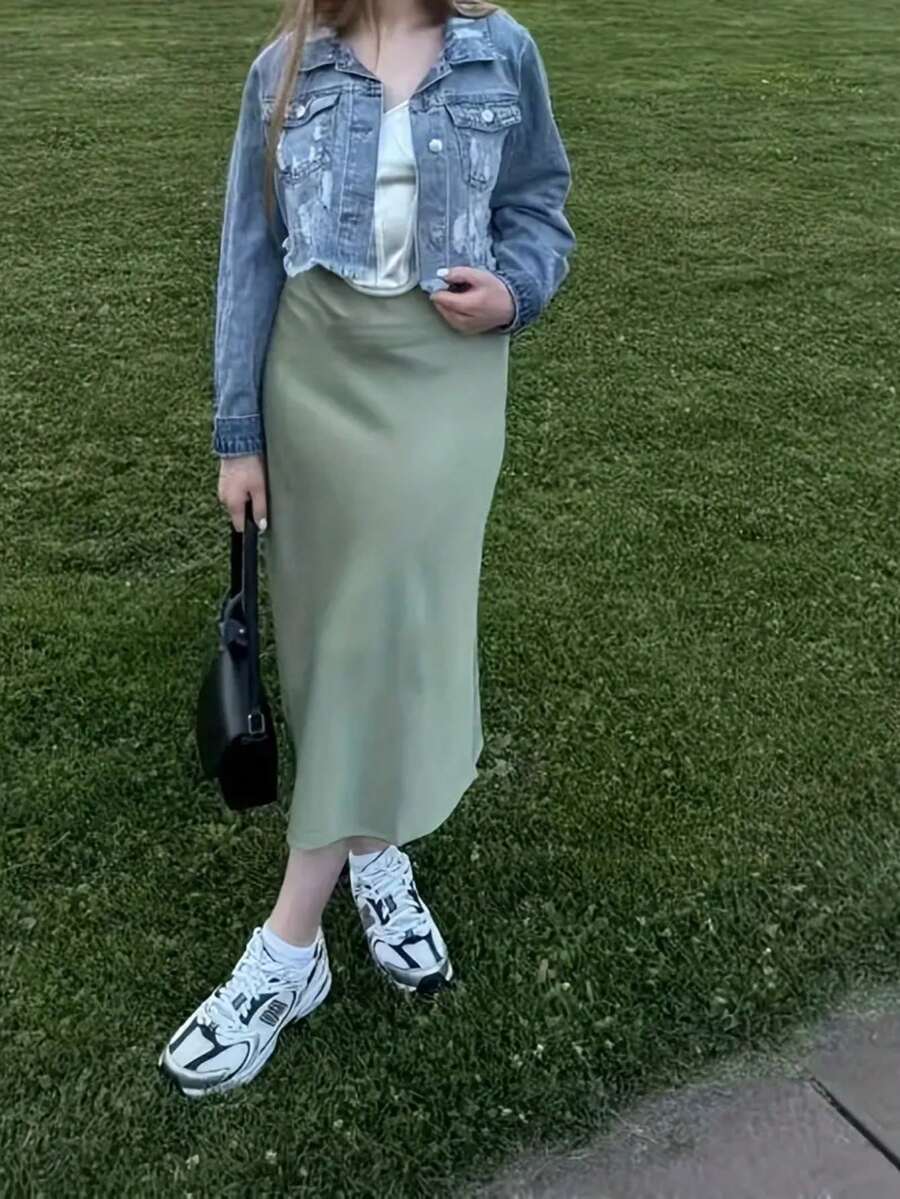 缎面玫瑰贴花高腰铅笔裙 - 綠色 - 查看 1