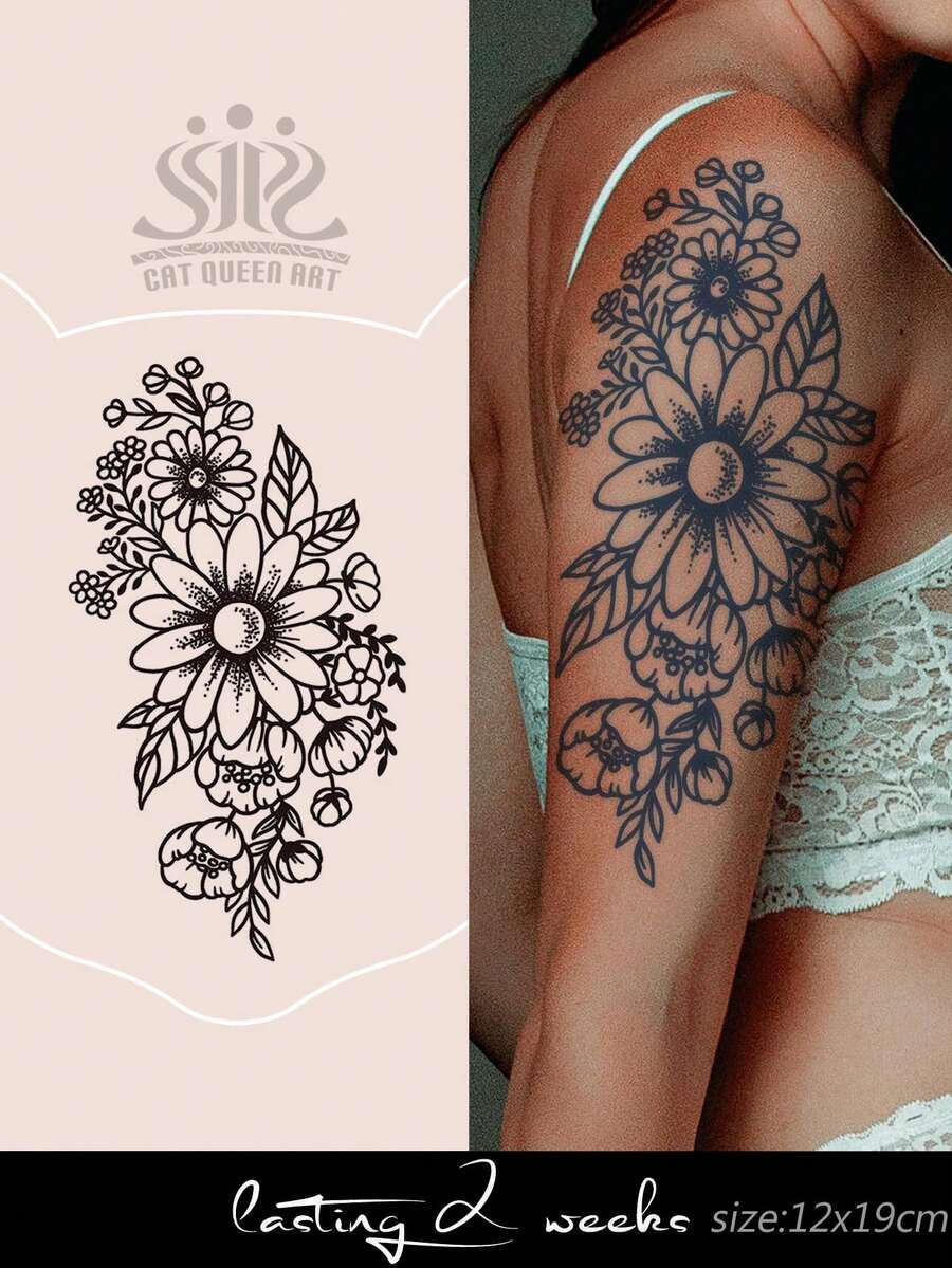 1pc Herbal Juice Semi-Permanent Magical Tattoo Sticker, Creative Delicate Floral Pattern, Gift For Women, 7-14 Days Waterproof, Fade-Resistant, Large Size For Arm, Chest, Back, Body Temporary Tattoo - Blue - View 1